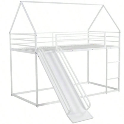 Twin over Twin House Bunk Bed with Ladder and Slide, White