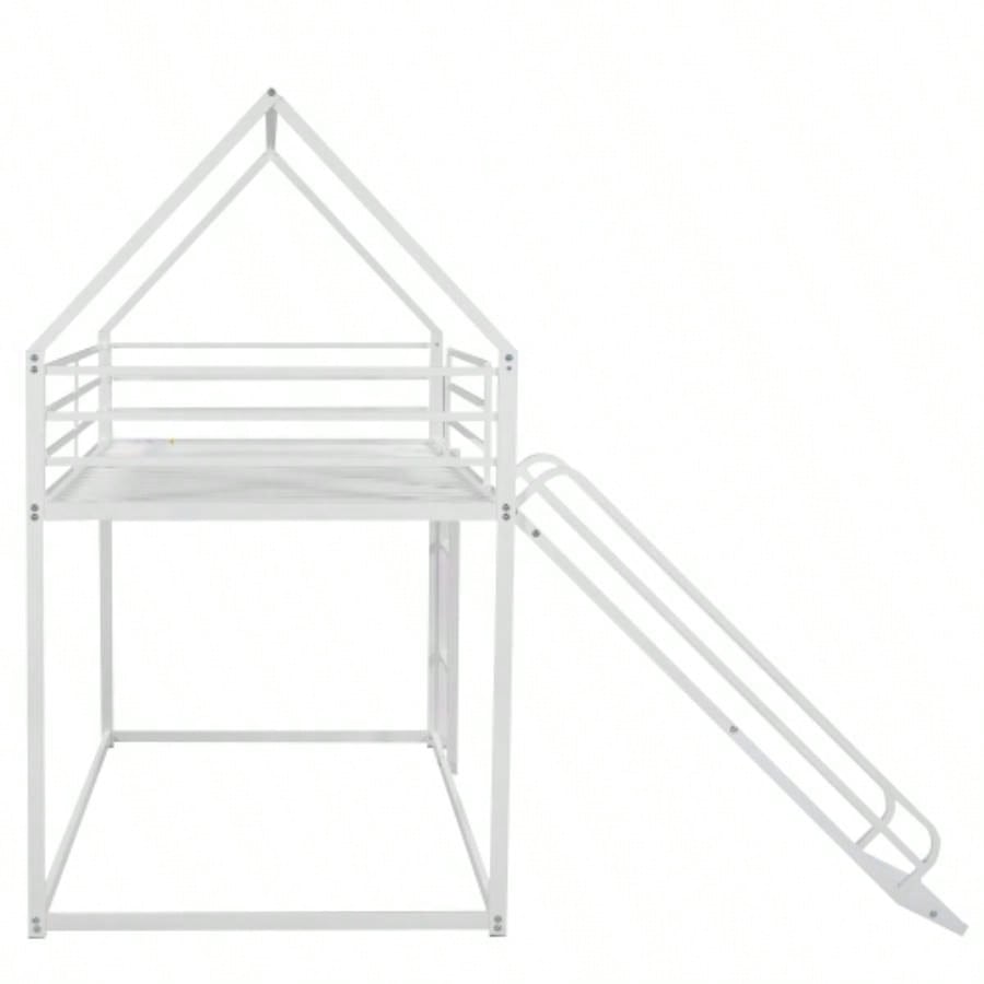 Twin over Twin House Bunk Bed with Ladder and Slide, White