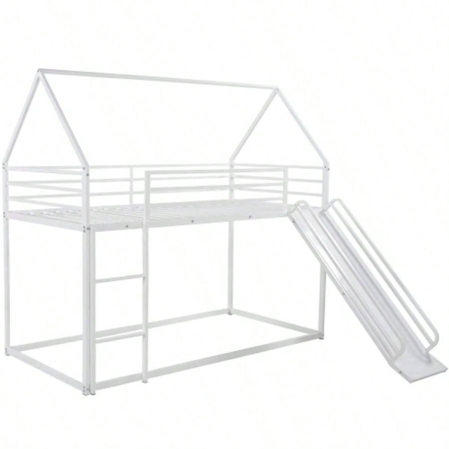 Twin over Twin House Bunk Bed with Ladder and Slide, White