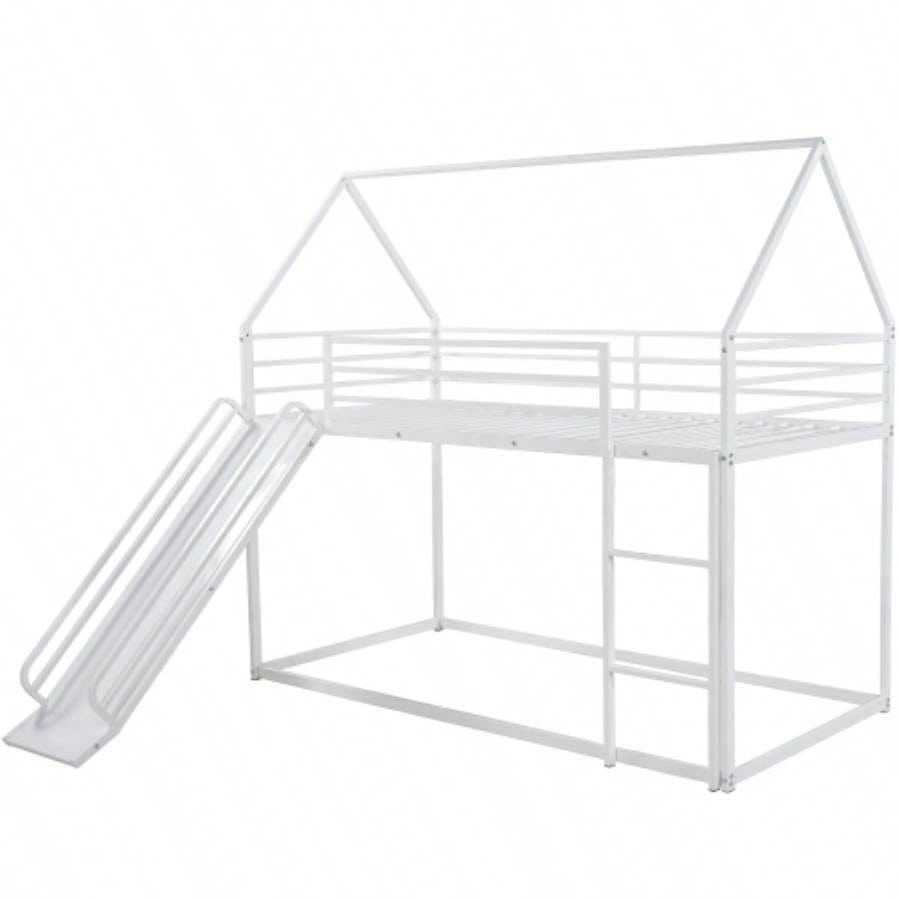 Twin over Twin House Bunk Bed with Ladder and Slide, White