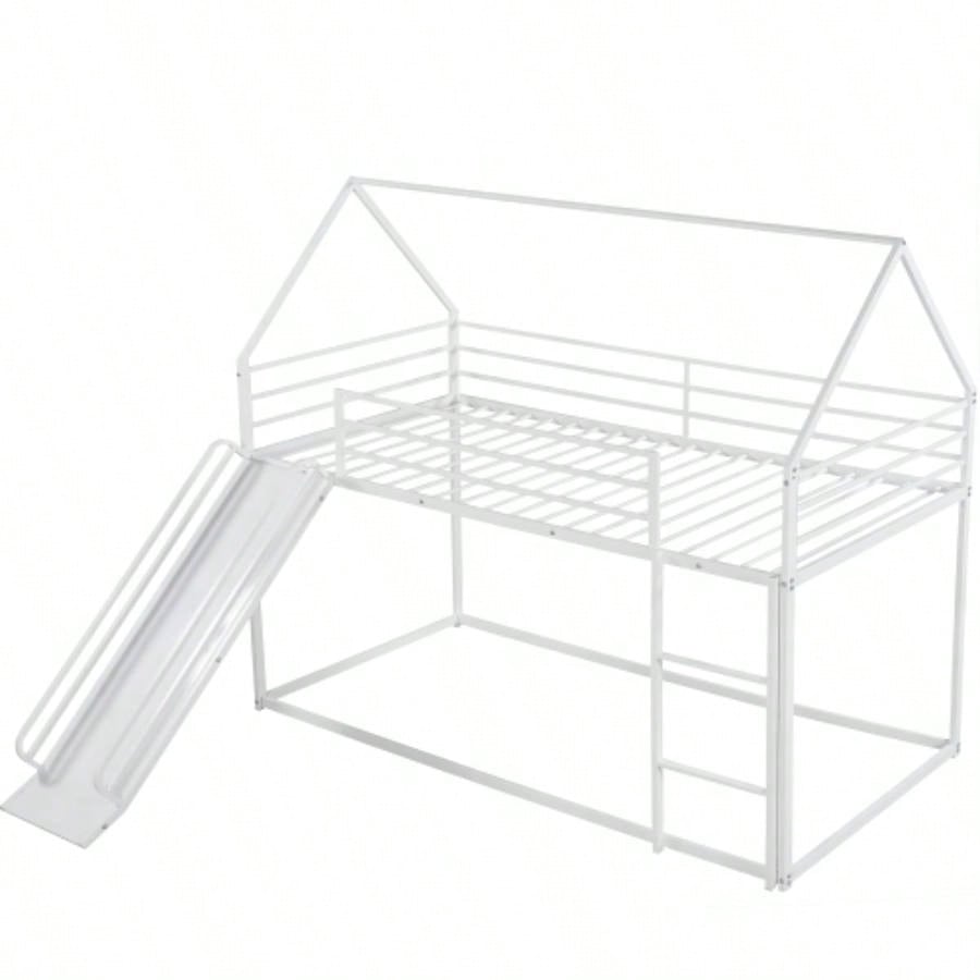 Twin over Twin House Bunk Bed with Ladder and Slide, White