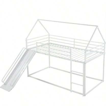 Twin over Twin House Bunk Bed with Ladder and Slide, White