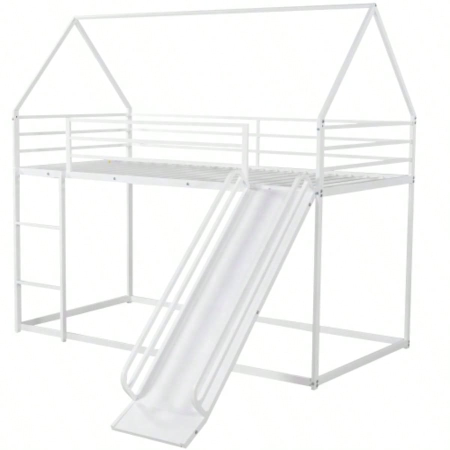 Twin over Twin House Bunk Bed with Ladder and Slide, White