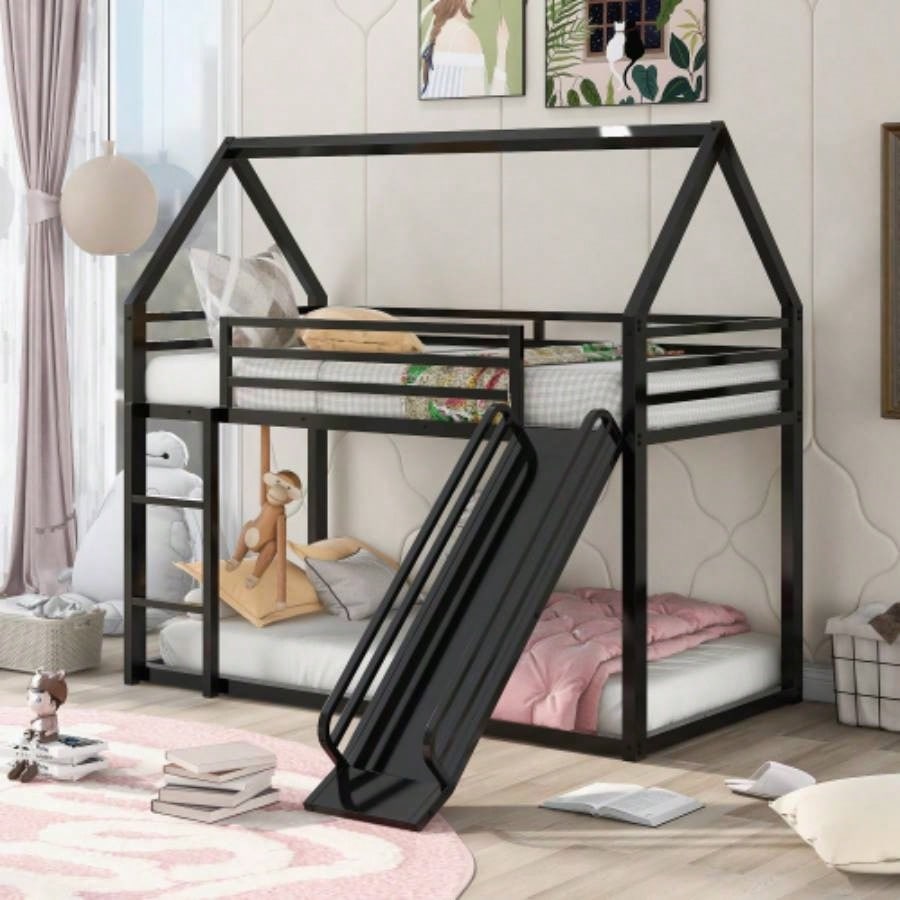 Twin over Twin House Bunk Bed with Ladder and Slide, White