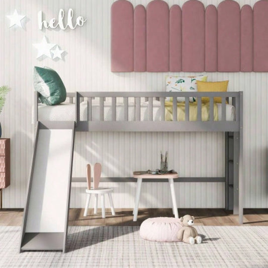 Twin Size Low Loft Bed with Ladder and Slide, GrayOLD SKU: WF196418AAE