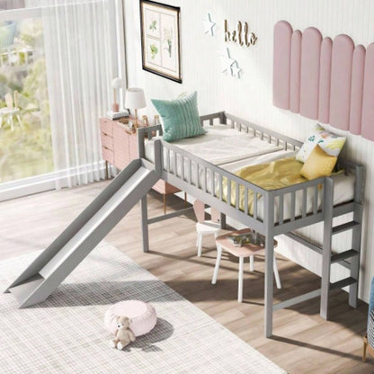 Twin Size Low Loft Bed with Ladder and Slide, GrayOLD SKU: WF196418AAE