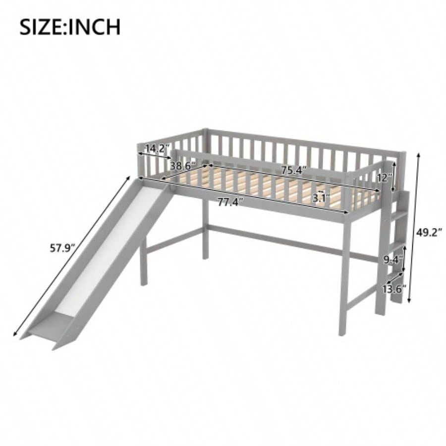 Twin Size Low Loft Bed with Ladder and Slide, GrayOLD SKU: WF196418AAE