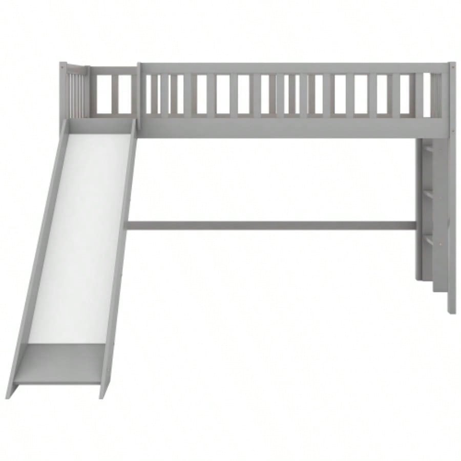 Twin Size Low Loft Bed with Ladder and Slide, GrayOLD SKU: WF196418AAE