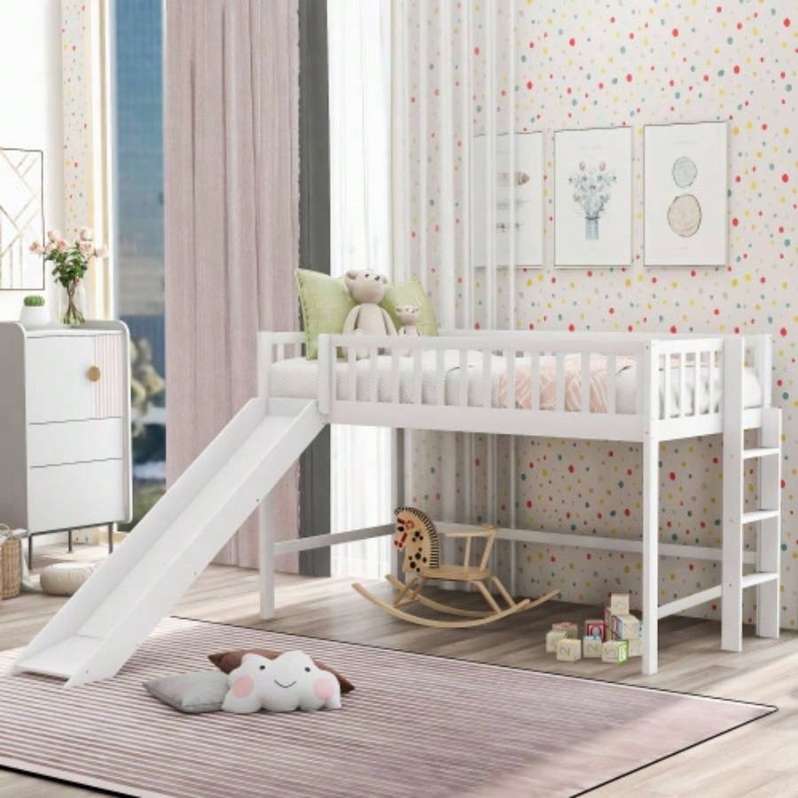 Twin Size Low Loft Bed with Ladder and Slide, GrayOLD SKU: WF196418AAE