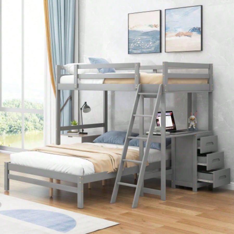Twin over Full Bunk Bed with Built - in Desk and Three Drawers,