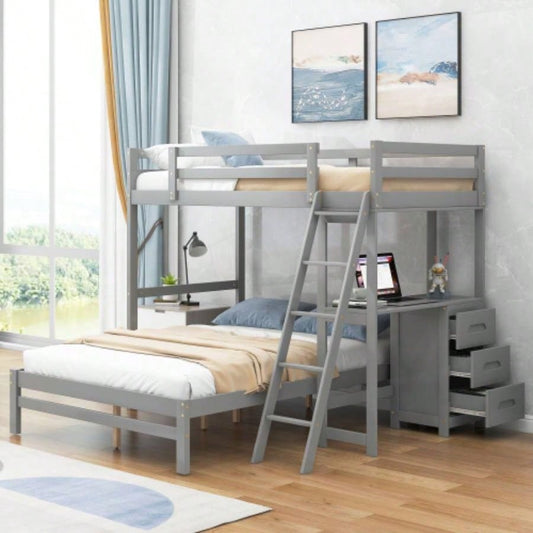 Twin over Full Bunk Bed with Built - in Desk and Three Drawers,