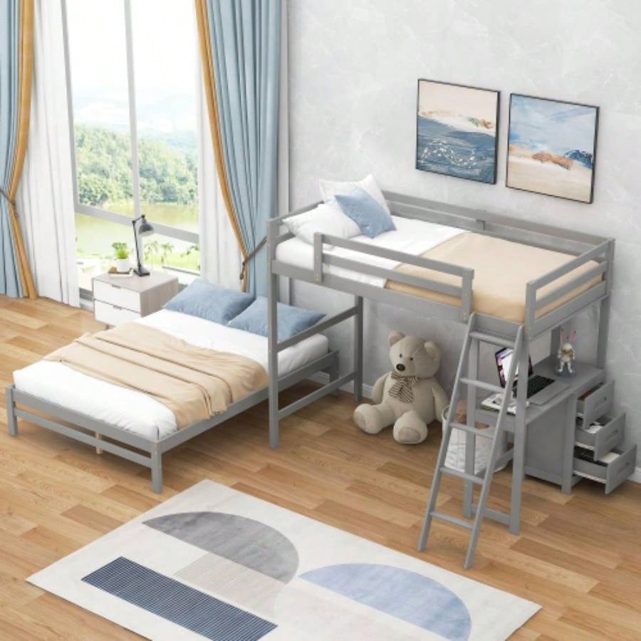 Twin over Full Bunk Bed with Built - in Desk and Three Drawers,