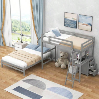 Twin over Full Bunk Bed with Built - in Desk and Three Drawers,