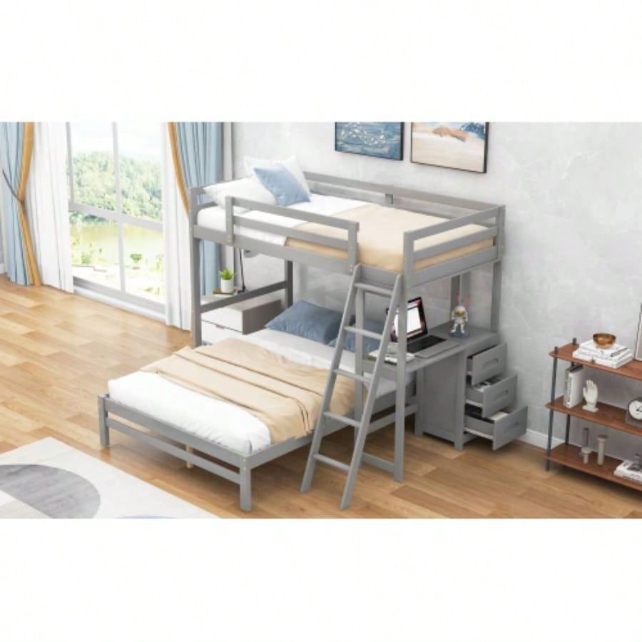 Twin over Full Bunk Bed with Built - in Desk and Three Drawers,