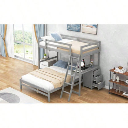 Twin over Full Bunk Bed with Built - in Desk and Three Drawers,