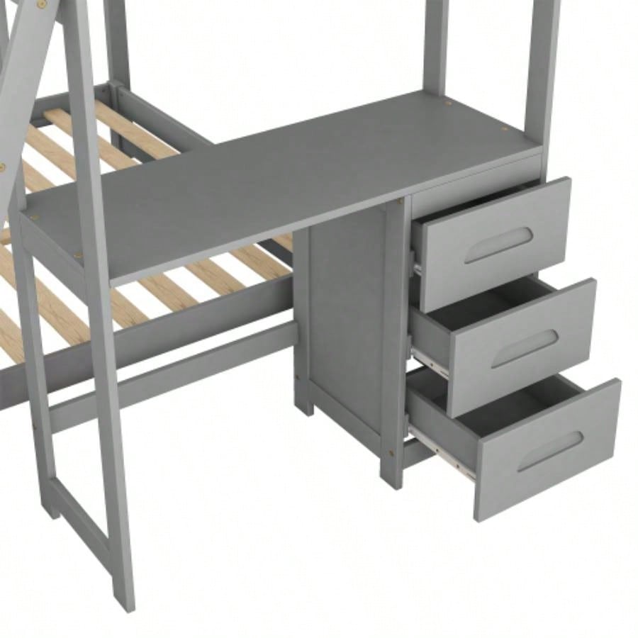 Twin over Full Bunk Bed with Built - in Desk and Three Drawers,