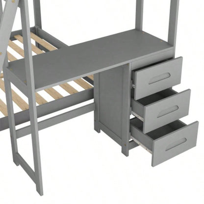 Twin over Full Bunk Bed with Built - in Desk and Three Drawers,