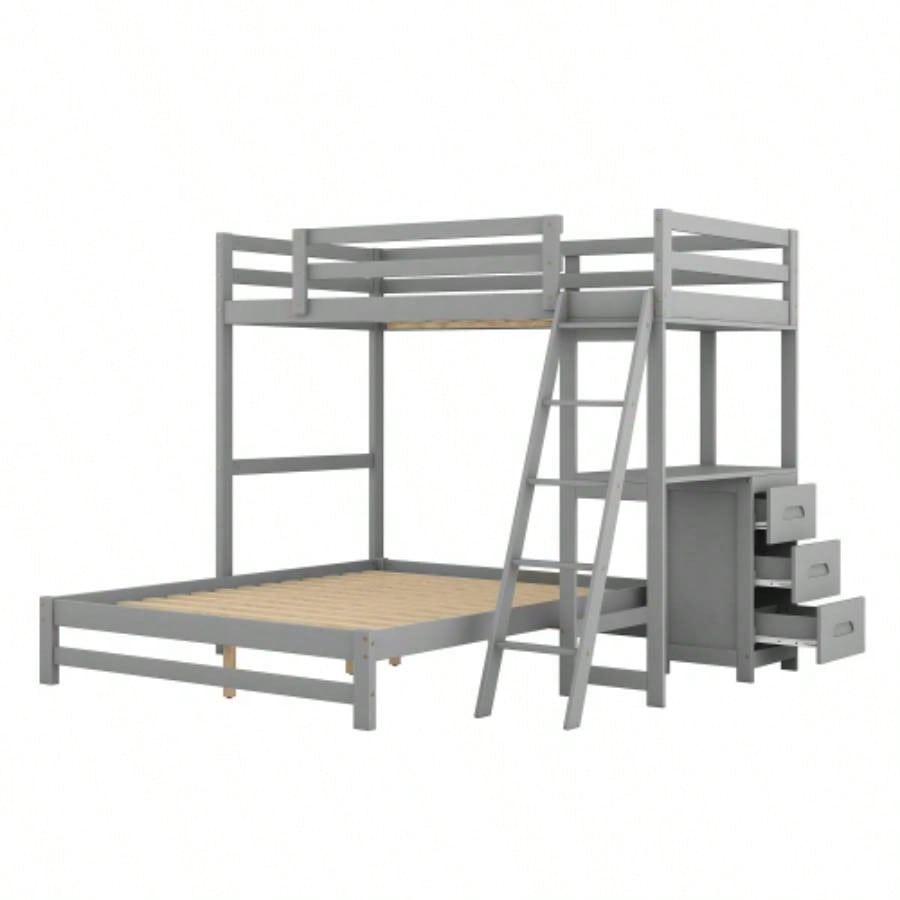 Twin over Full Bunk Bed with Built - in Desk and Three Drawers,
