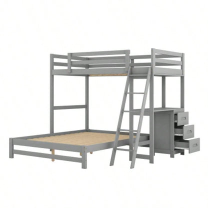 Twin over Full Bunk Bed with Built - in Desk and Three Drawers,