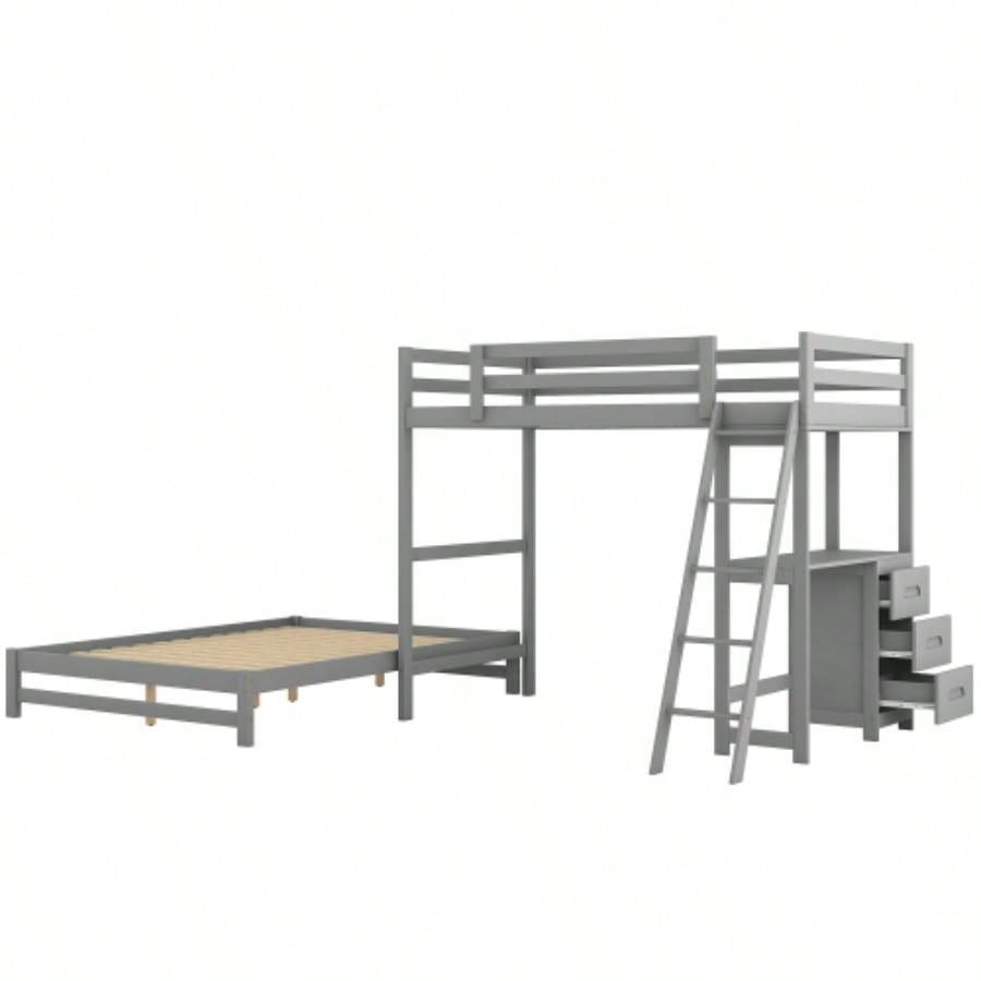 Twin over Full Bunk Bed with Built - in Desk and Three Drawers,