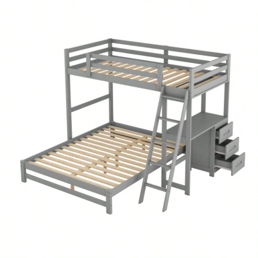 Twin over Full Bunk Bed with Built - in Desk and Three Drawers,