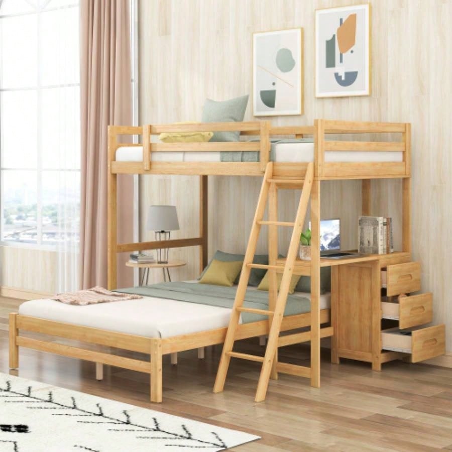 Twin over Full Bunk Bed with Built - in Desk and Three Drawers,