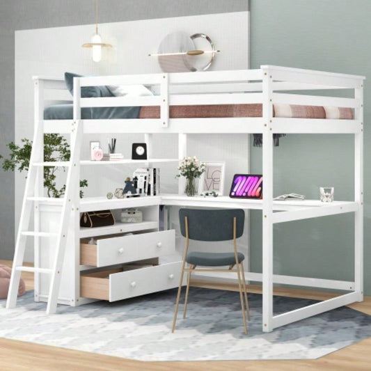 Full Size Loft Bed with Desk and Shelves, Two Built - in Drawers, White