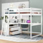 Full Size Loft Bed with Desk and Shelves, Two Built - in Drawers, White