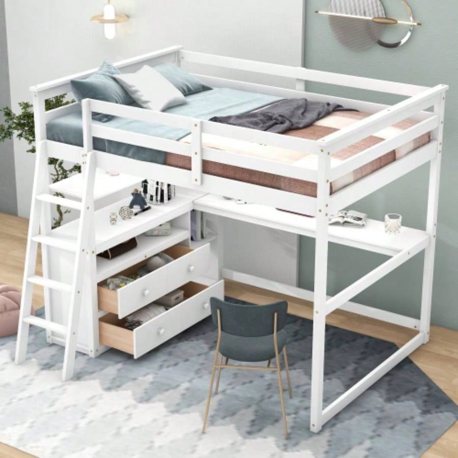 Full Size Loft Bed with Desk and Shelves, Two Built - in Drawers, White
