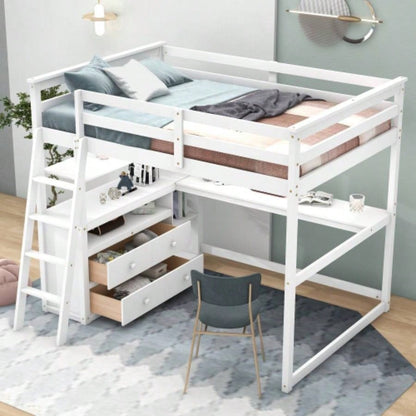 Full Size Loft Bed with Desk and Shelves, Two Built - in Drawers, White