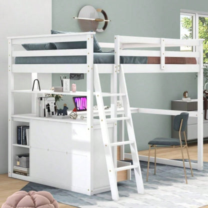 Full Size Loft Bed with Desk and Shelves, Two Built - in Drawers, White
