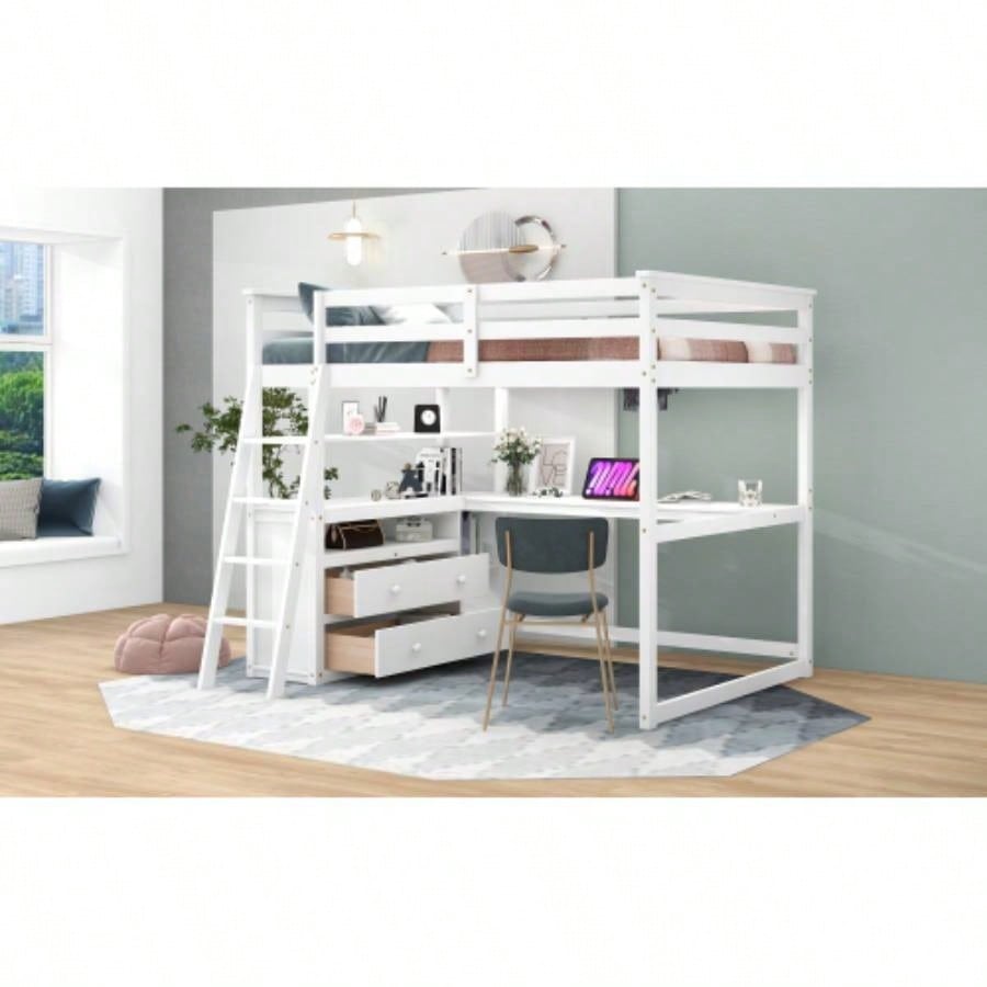 Full Size Loft Bed with Desk and Shelves, Two Built - in Drawers, White