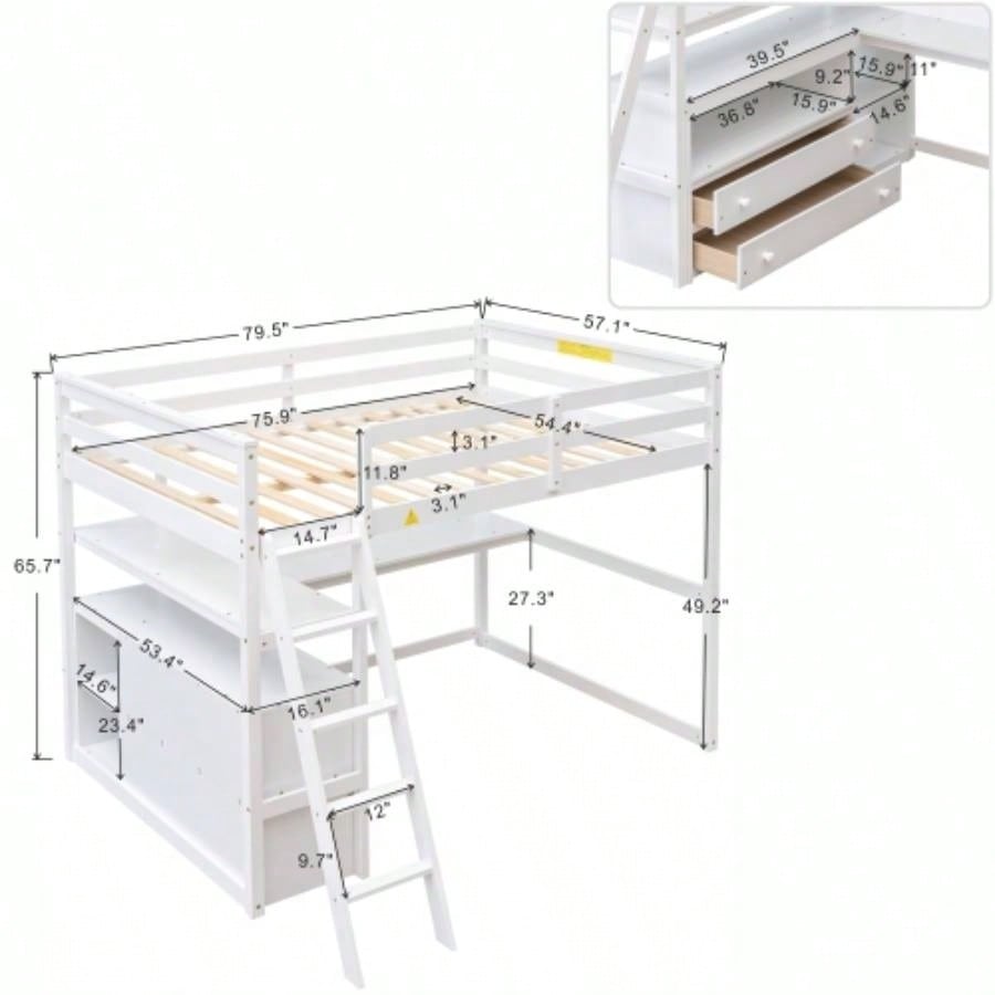 Full Size Loft Bed with Desk and Shelves, Two Built - in Drawers, White