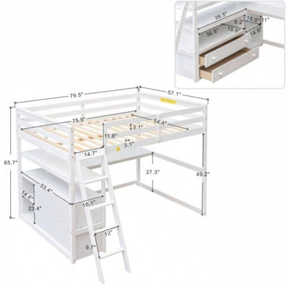 Full Size Loft Bed with Desk and Shelves, Two Built - in Drawers, White