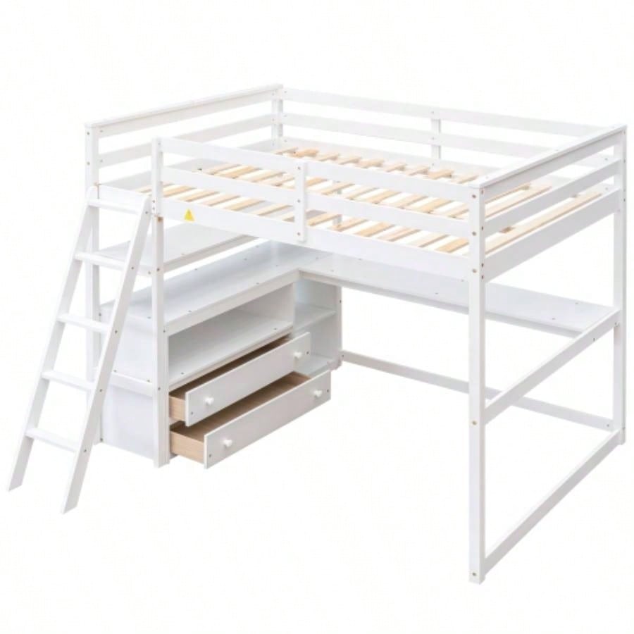 Full Size Loft Bed with Desk and Shelves, Two Built - in Drawers, White