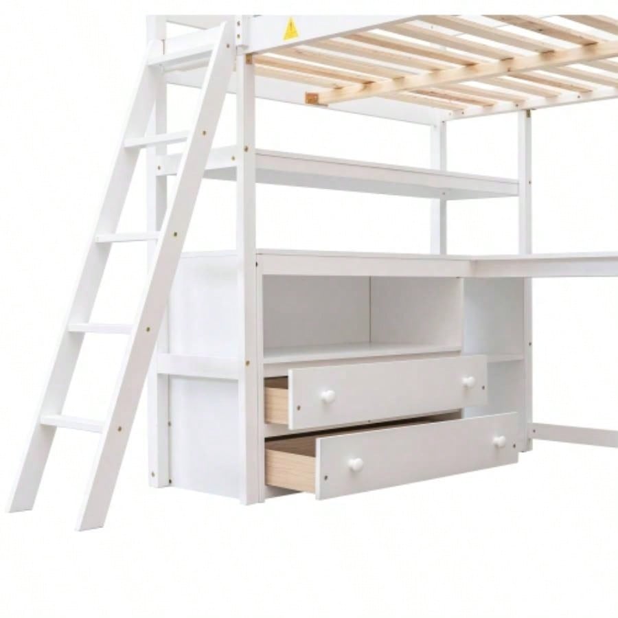 Full Size Loft Bed with Desk and Shelves, Two Built - in Drawers, White