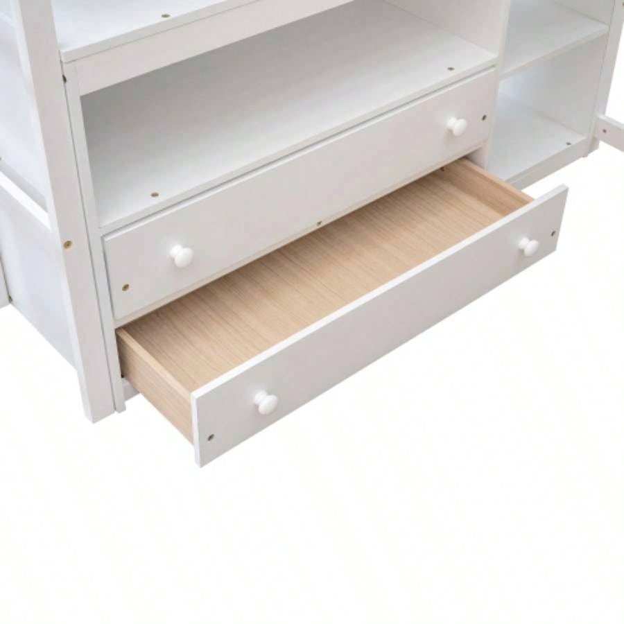 Full Size Loft Bed with Desk and Shelves, Two Built - in Drawers, White