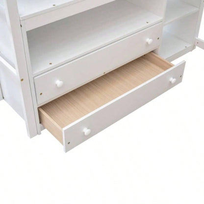 Full Size Loft Bed with Desk and Shelves, Two Built - in Drawers, White