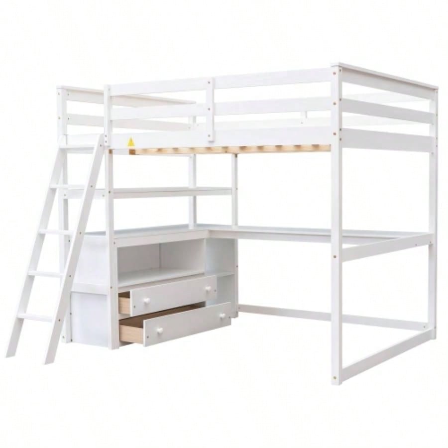 Full Size Loft Bed with Desk and Shelves, Two Built - in Drawers, White
