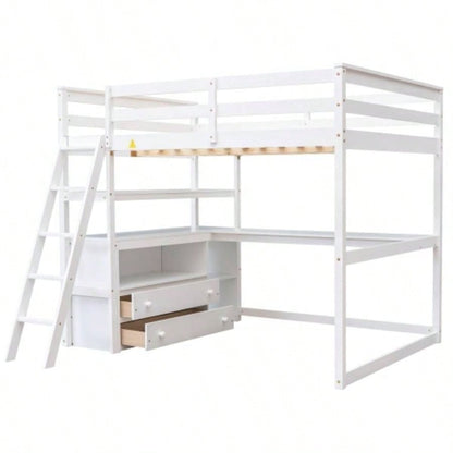 Full Size Loft Bed with Desk and Shelves, Two Built - in Drawers, White