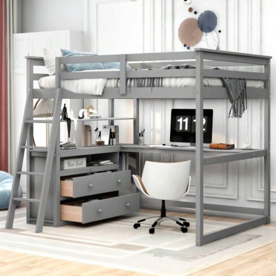Full Size Loft Bed with Desk and Shelves, Two Built - in Drawers, White