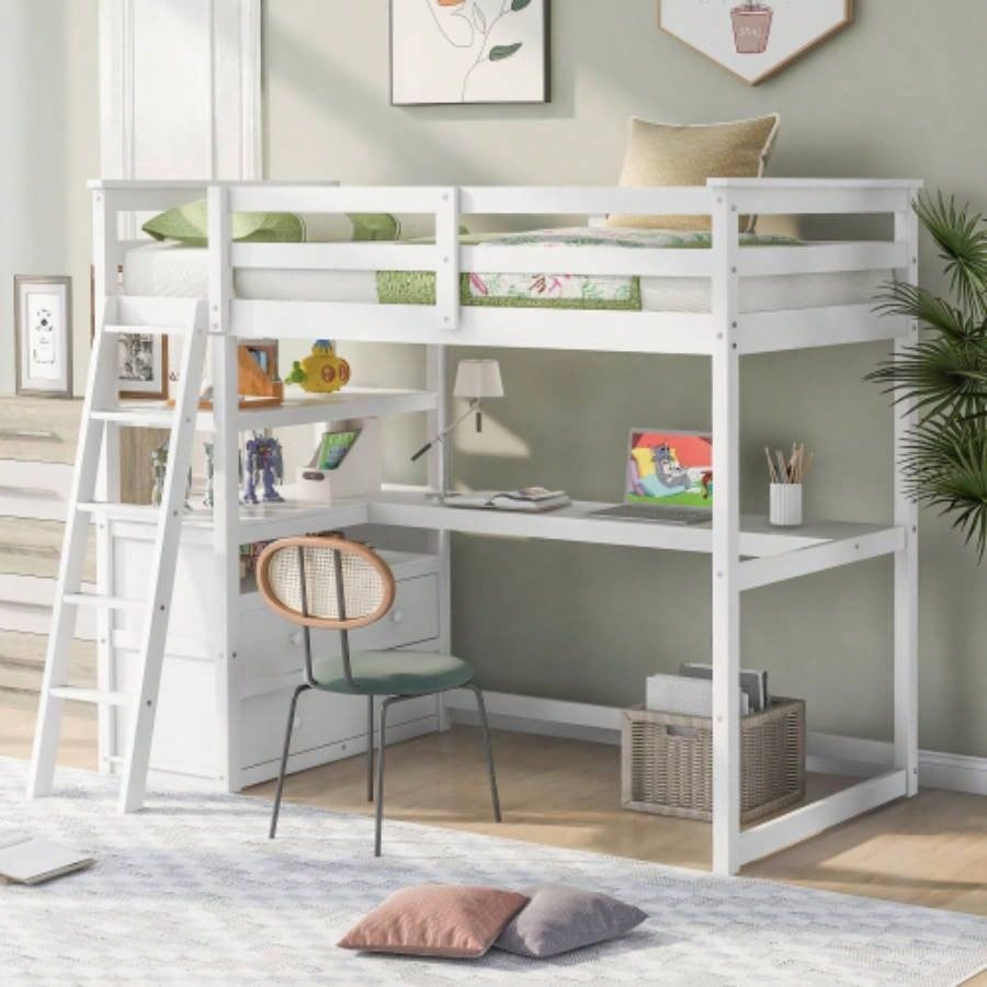 Full Size Loft Bed with Desk and Shelves, Two Built - in Drawers, White