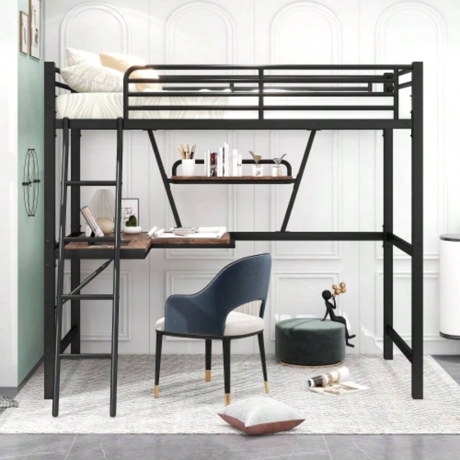 Twin Size Loft MetalMDF Bed with Desk and Shelf, Black Old SKU: SM001105AAB - 1