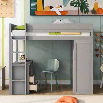 Wood Twin Size Loft Bed with Wardrobes and 2 - Drawer Desk with Cabinet, Gray
