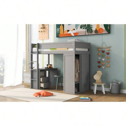 Wood Twin Size Loft Bed with Wardrobes and 2 - Drawer Desk with Cabinet, Gray