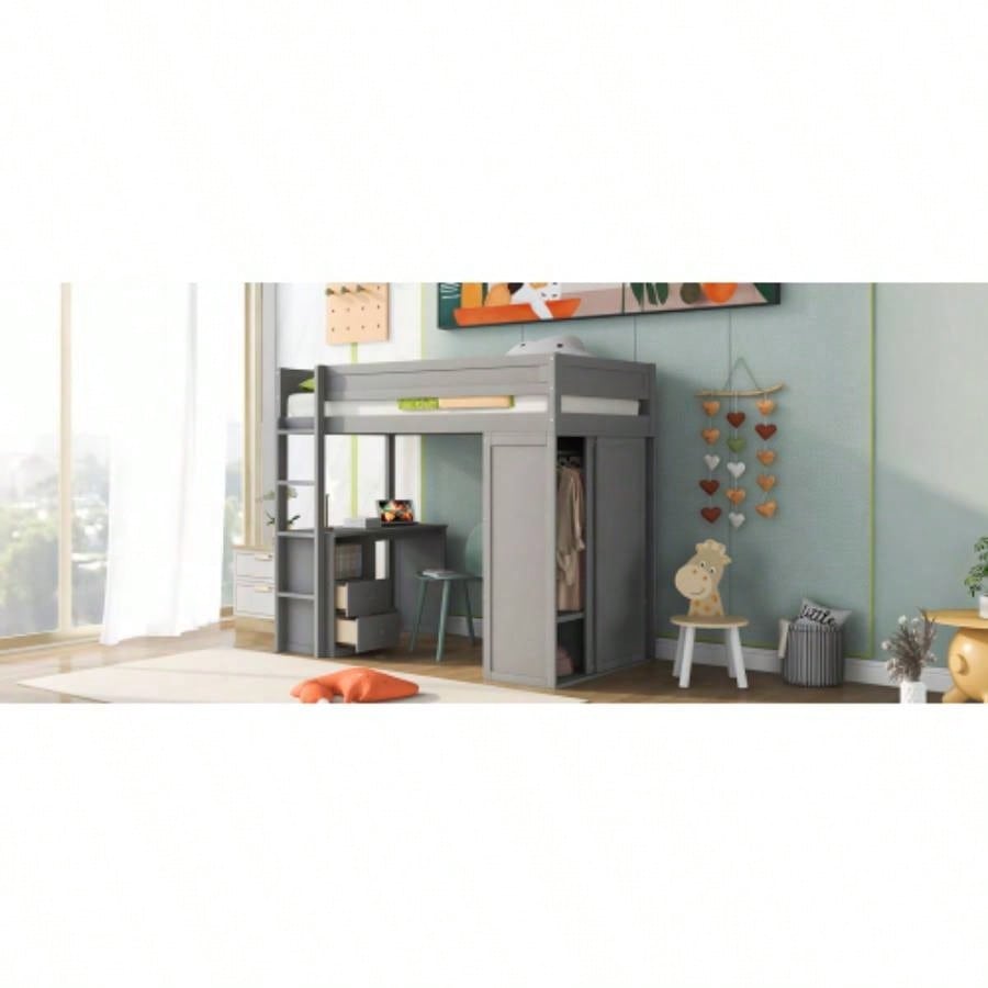 Wood Twin Size Loft Bed with Wardrobes and 2 - Drawer Desk with Cabinet, Gray