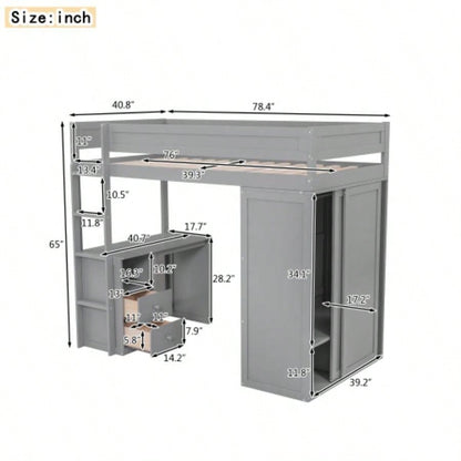 Wood Twin Size Loft Bed with Wardrobes and 2 - Drawer Desk with Cabinet, Gray