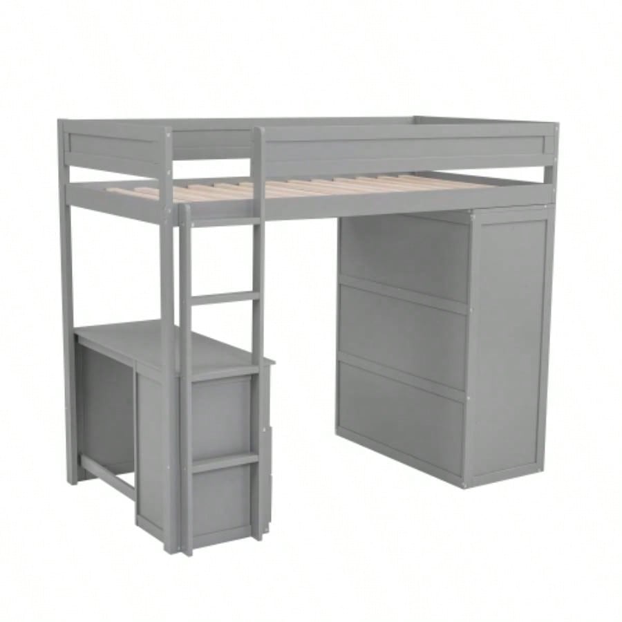 Wood Twin Size Loft Bed with Wardrobes and 2 - Drawer Desk with Cabinet, Gray