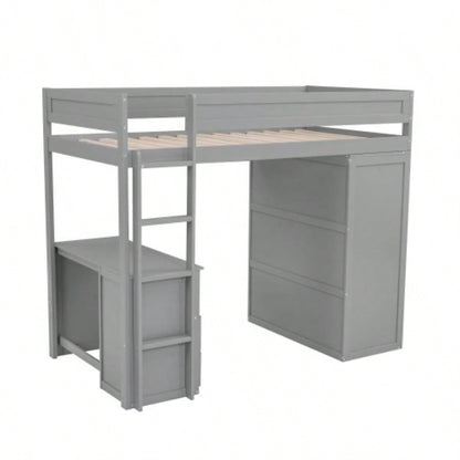 Wood Twin Size Loft Bed with Wardrobes and 2 - Drawer Desk with Cabinet, Gray