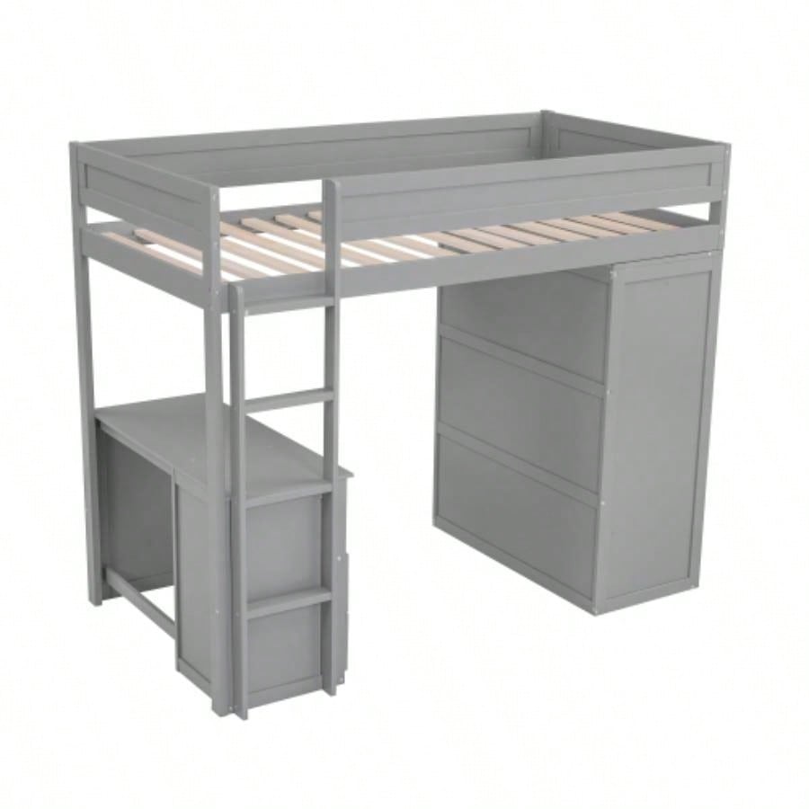 Wood Twin Size Loft Bed with Wardrobes and 2 - Drawer Desk with Cabinet, Gray